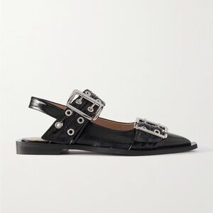 GANNI Size 40 Black Leather Buckle Slingback Flats